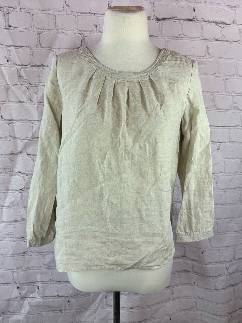 J. Crew Beige Pleated Round-Neck linen Blouse women 2 minimalist neutral natural